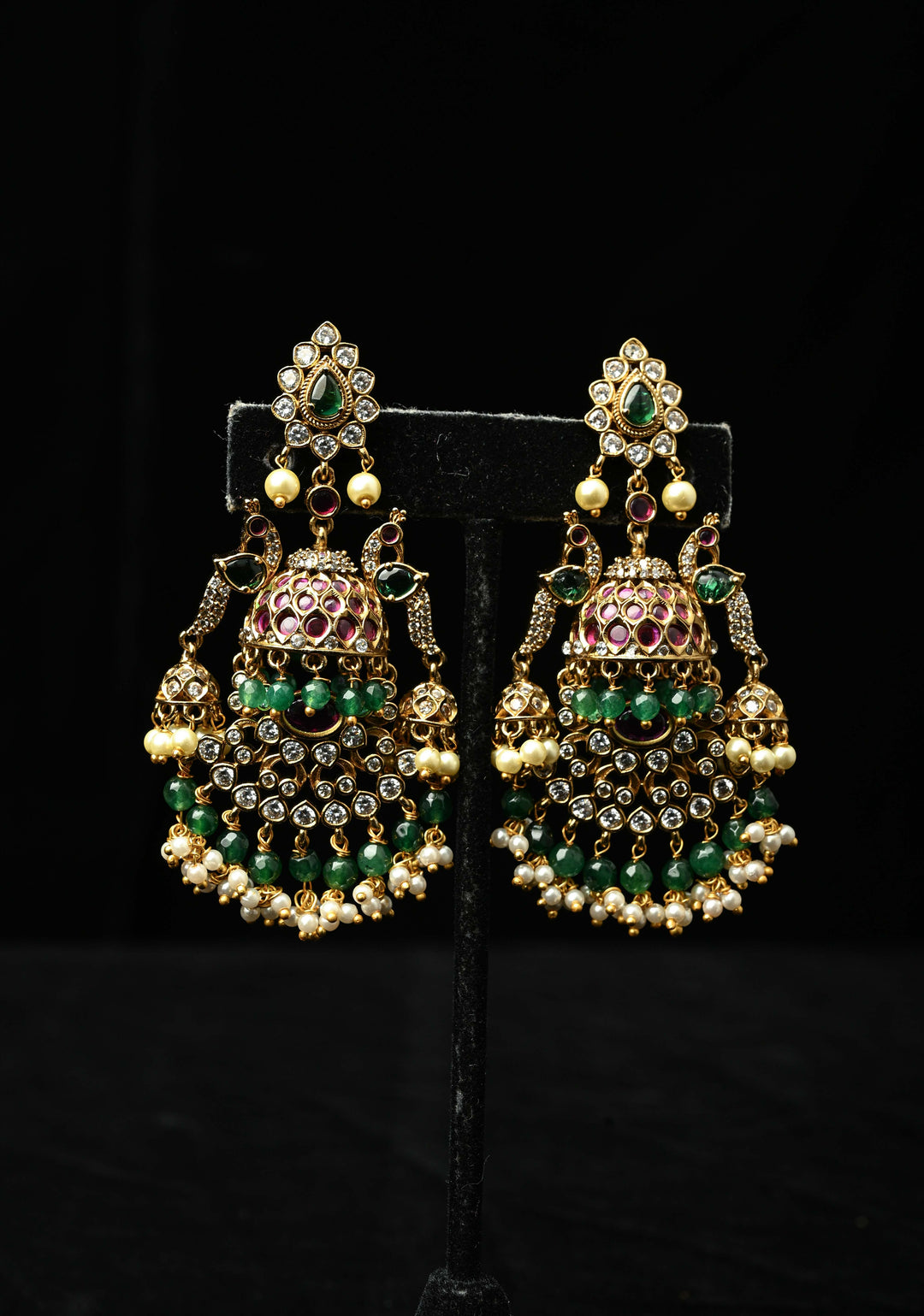 Chandelier Earrings in Antique Gold Tone with Kemp-Green Pearl Bali Peacock | SHOBITAM