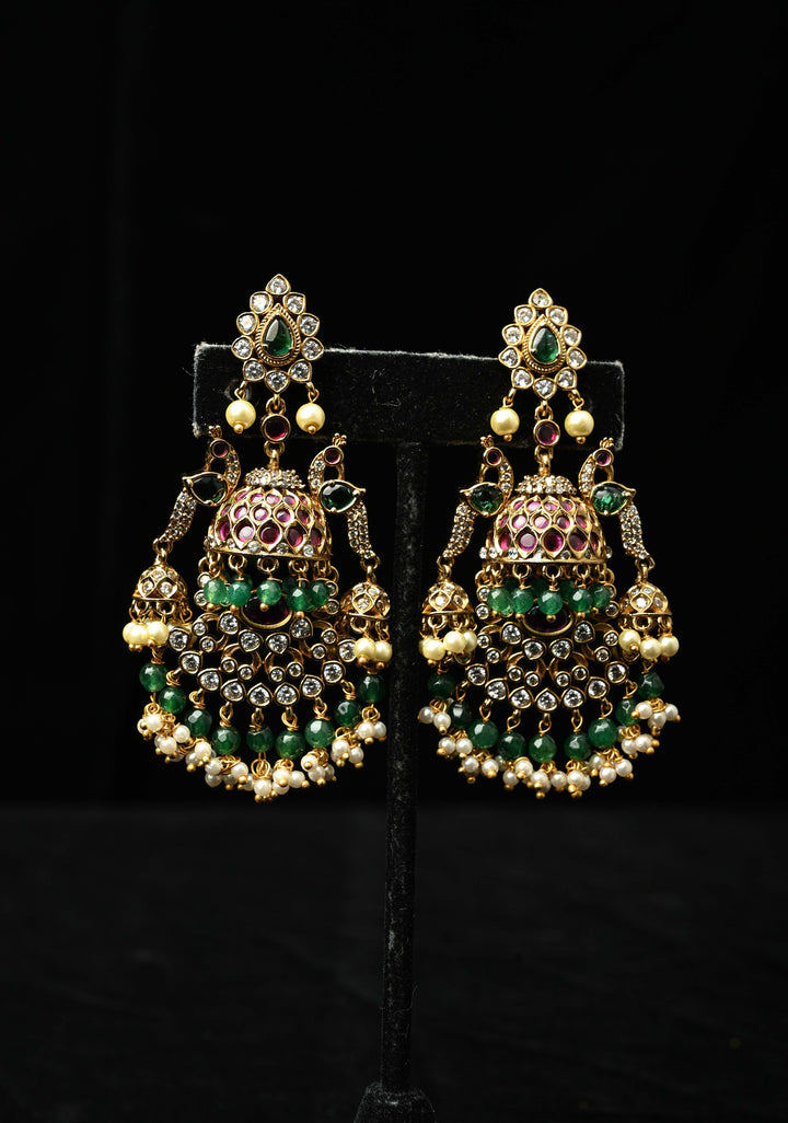 Chandelier Earrings in Antique Gold Tone with Kemp-Green Pearl Bali Peacock | SHOBITAM