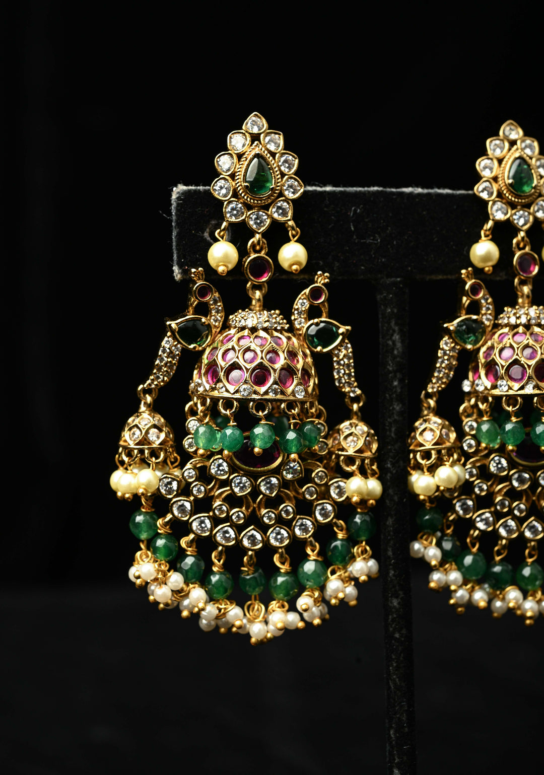 Chandelier Earrings in Antique Gold Tone with Kemp-Green Pearl Bali Peacock | SHOBITAM