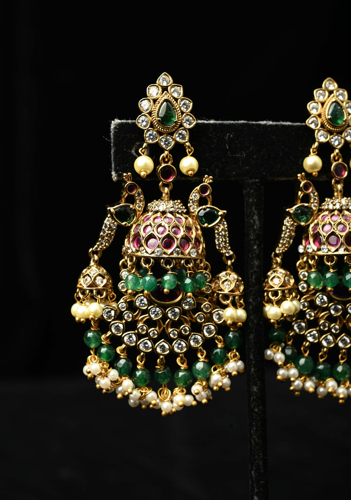 Chandelier Earrings in Antique Gold Tone with Kemp-Green Pearl Bali Peacock | SHOBITAM