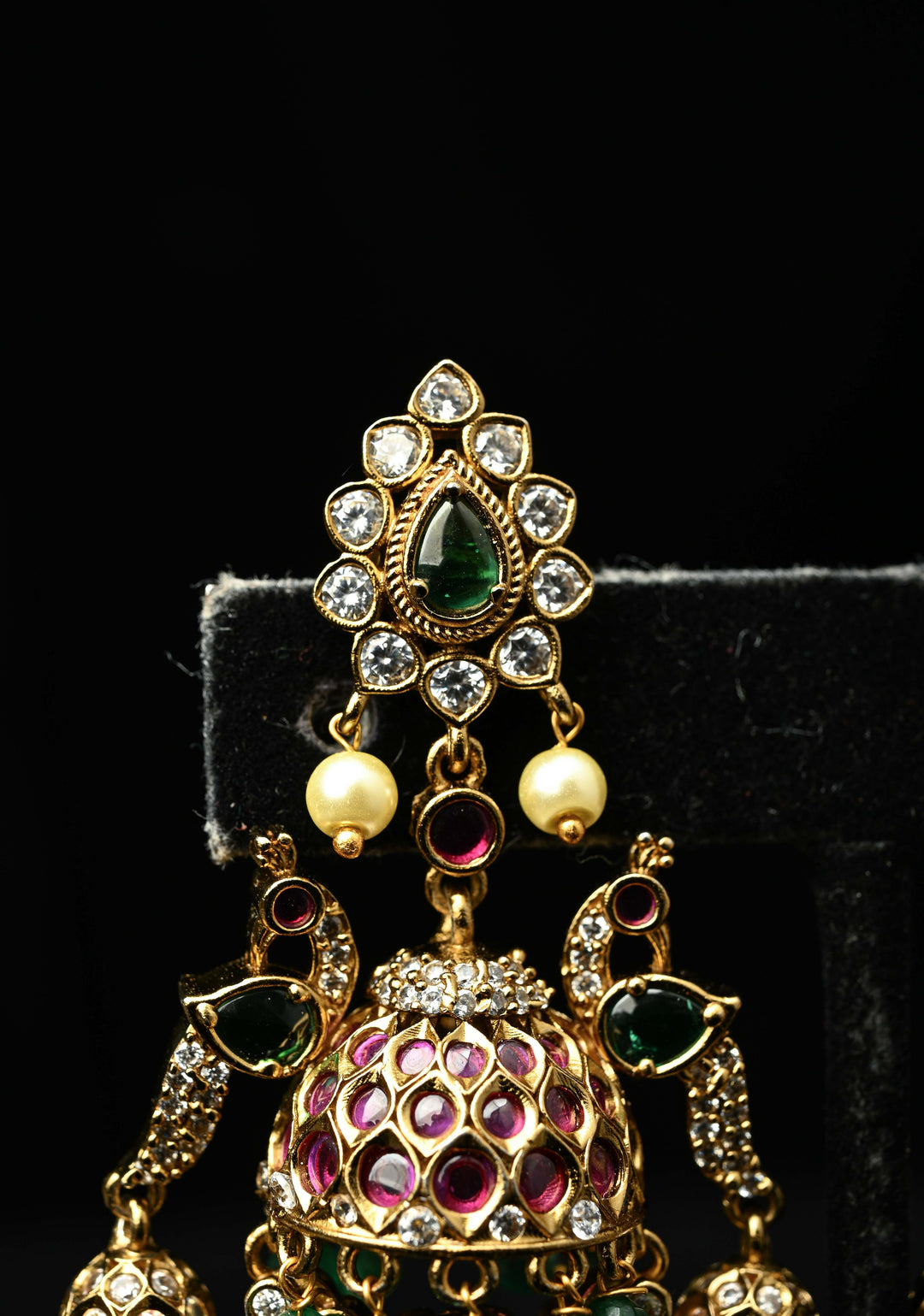 Chandelier Earrings in Antique Gold Tone with Kemp-Green Pearl Bali Peacock | SHOBITAM