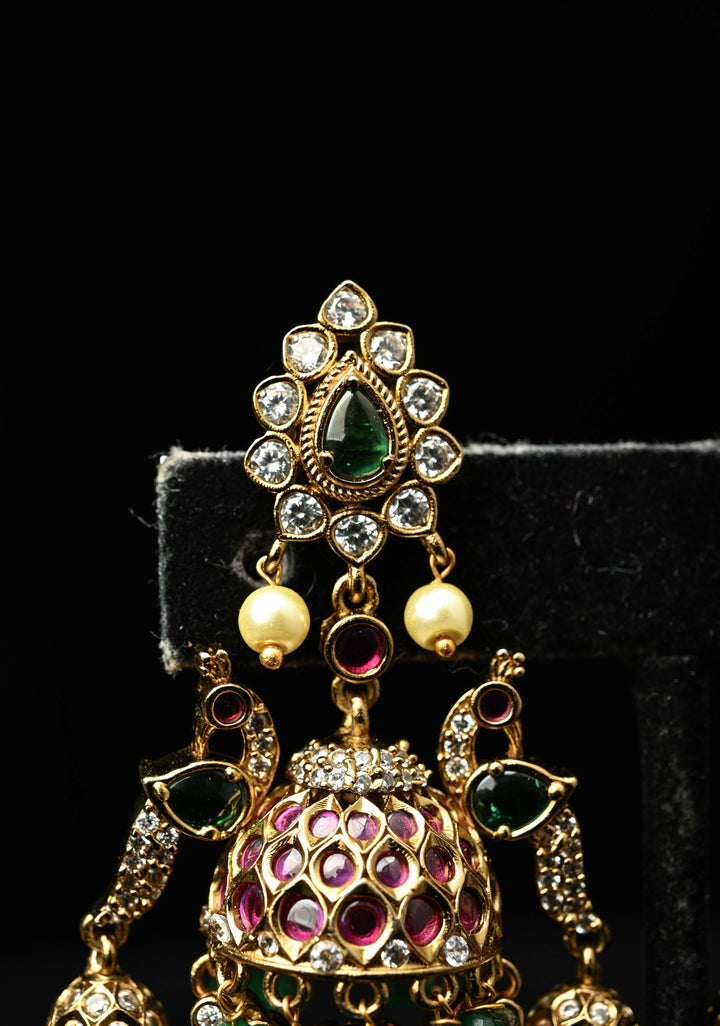 Chandelier Earrings in Antique Gold Tone with Kemp-Green Pearl Bali Peacock | SHOBITAM
