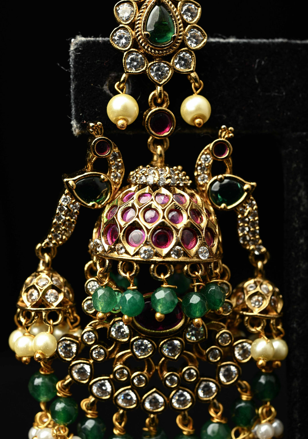 Chandelier Earrings in Antique Gold Tone with Kemp-Green Pearl Bali Peacock | SHOBITAM