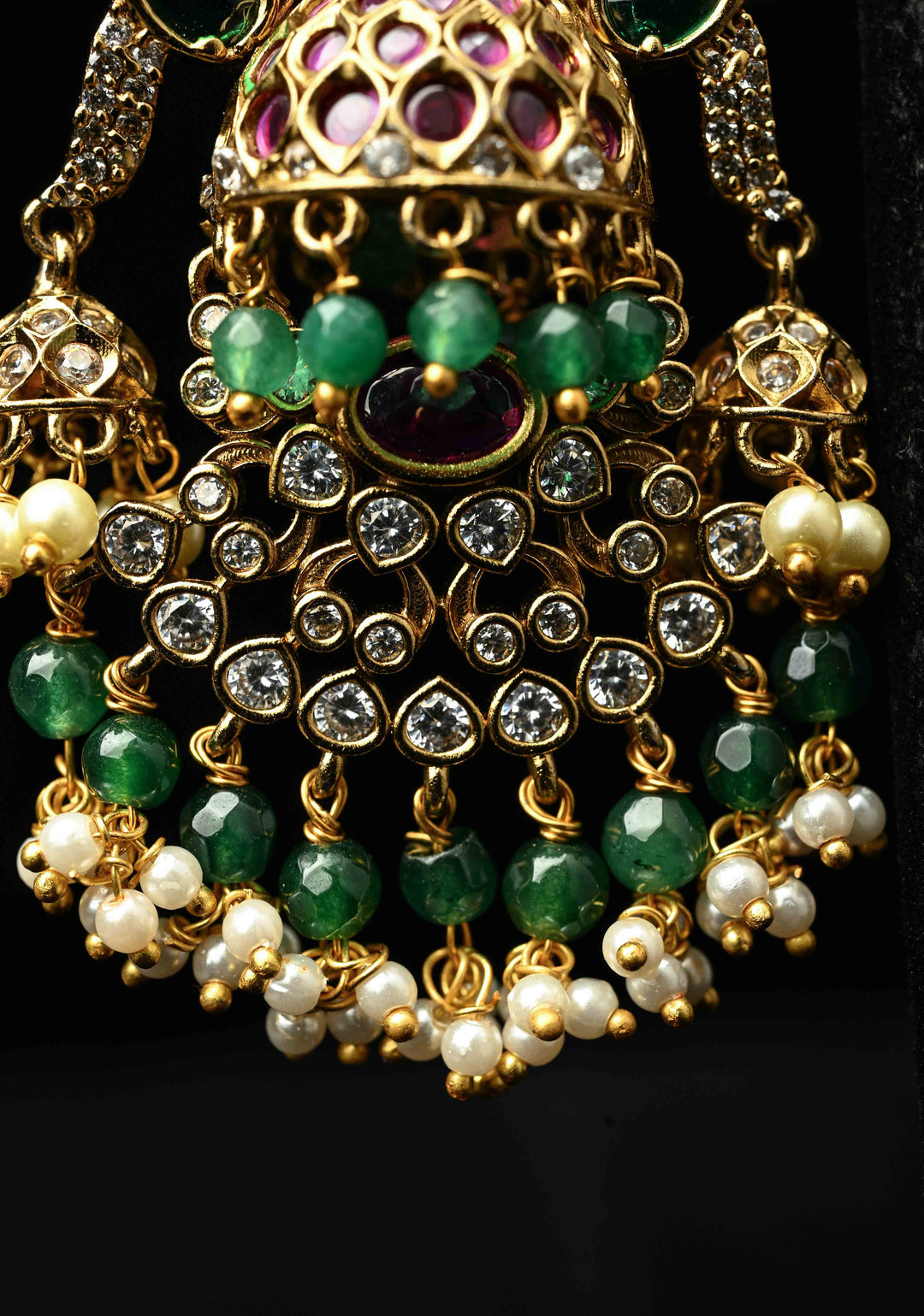 Chandelier Earrings in Antique Gold Tone with Kemp-Green Pearl Bali Peacock | SHOBITAM