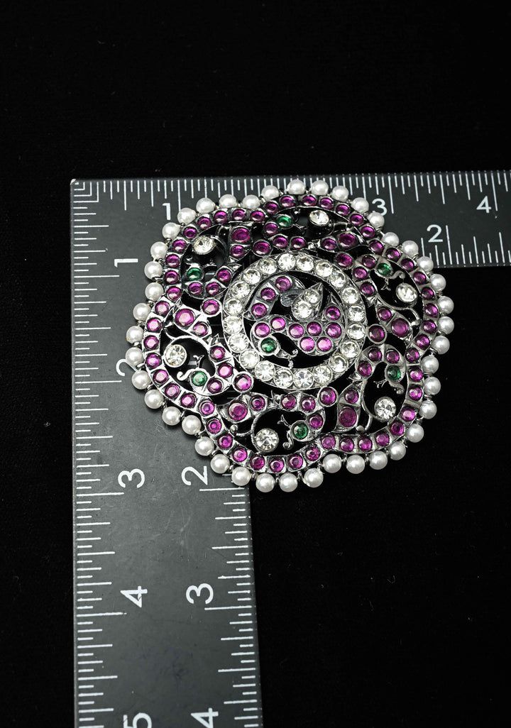 Black finish precious kemp-green peacock flower rakodi (hair jewel) | SHOBITAM