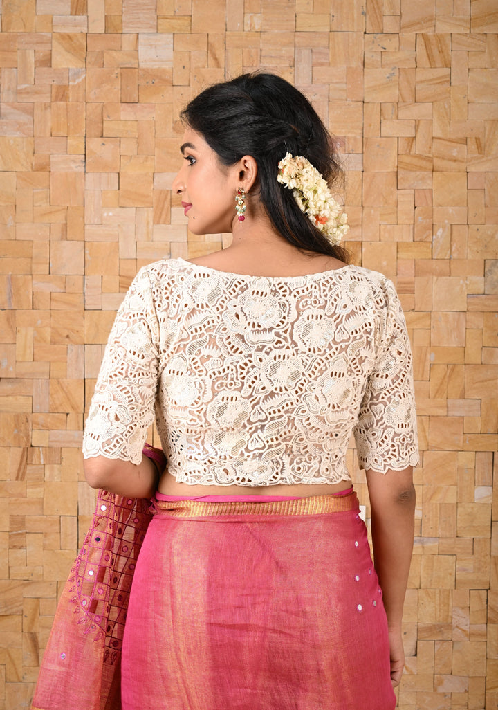 Crochet Style All Over jaal Ivory Blouse with Sheer Back and Sleeves, Customizable, Made to Order