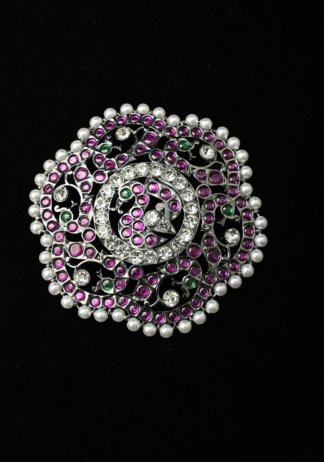 Black finish precious kemp-green peacock flower rakodi (hair jewel) | SHOBITAM
