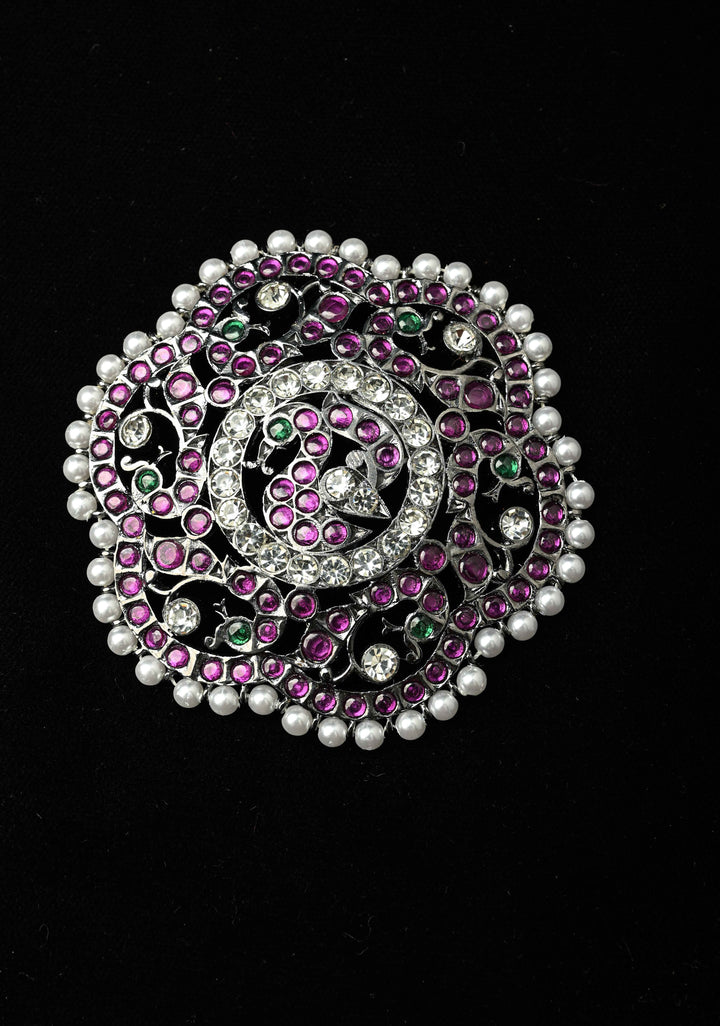 Black finish precious kemp-green peacock flower rakodi (hair jewel) | SHOBITAM