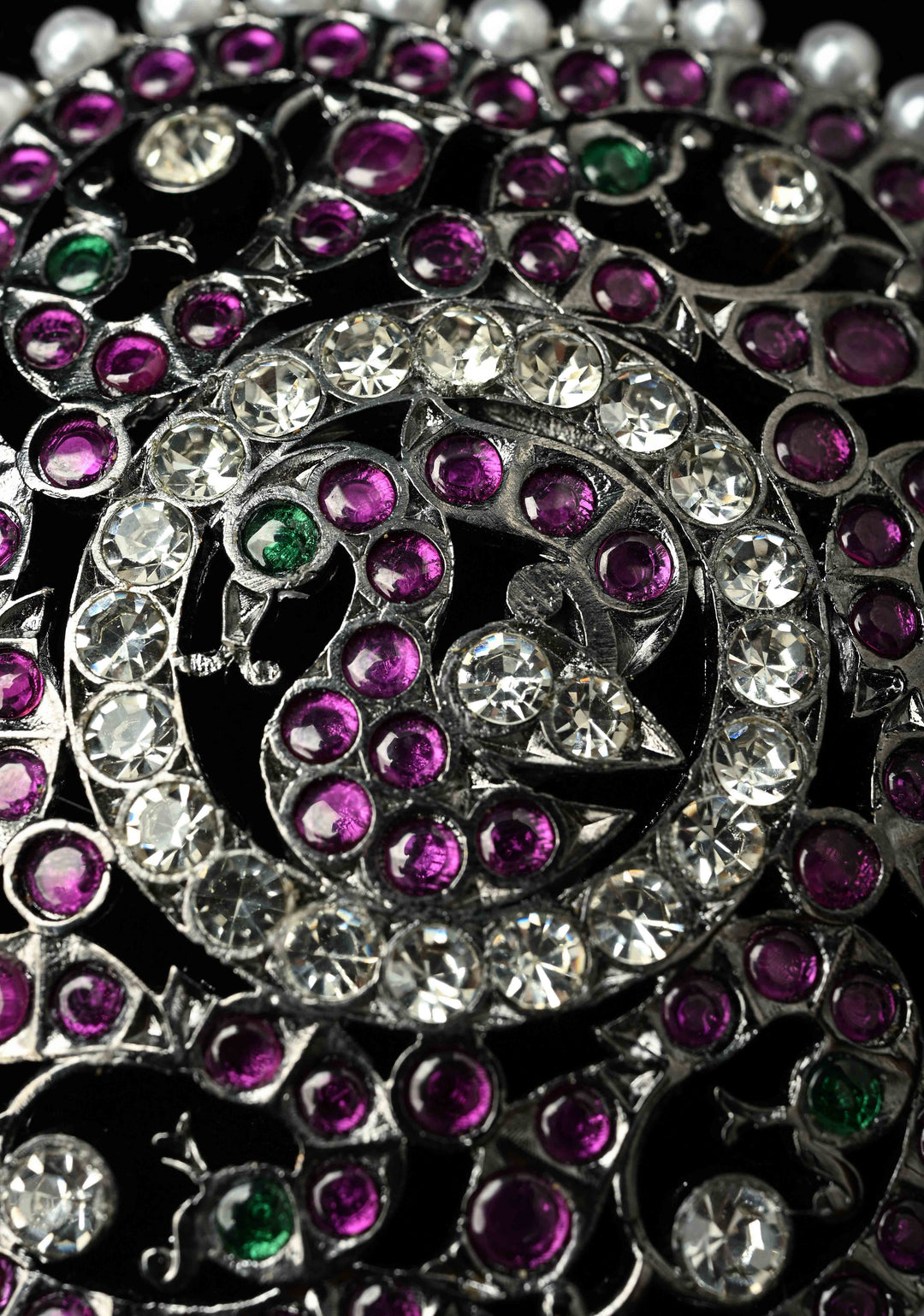 Black finish precious kemp-green peacock flower rakodi (hair jewel) | SHOBITAM