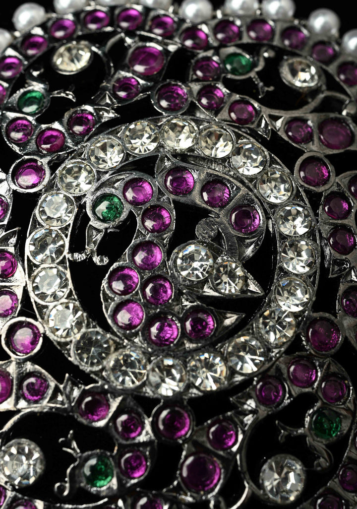 Black finish precious kemp-green peacock flower rakodi (hair jewel) | SHOBITAM