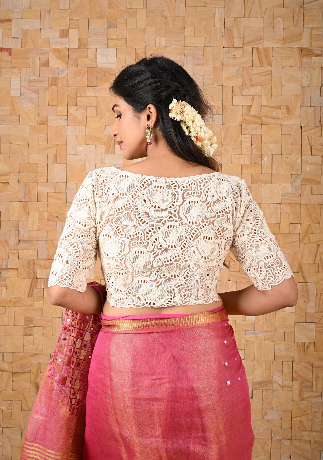 Crochet Style All Over jaal Ivory Blouse with Sheer Back and Sleeves, Customizable, Made to Order