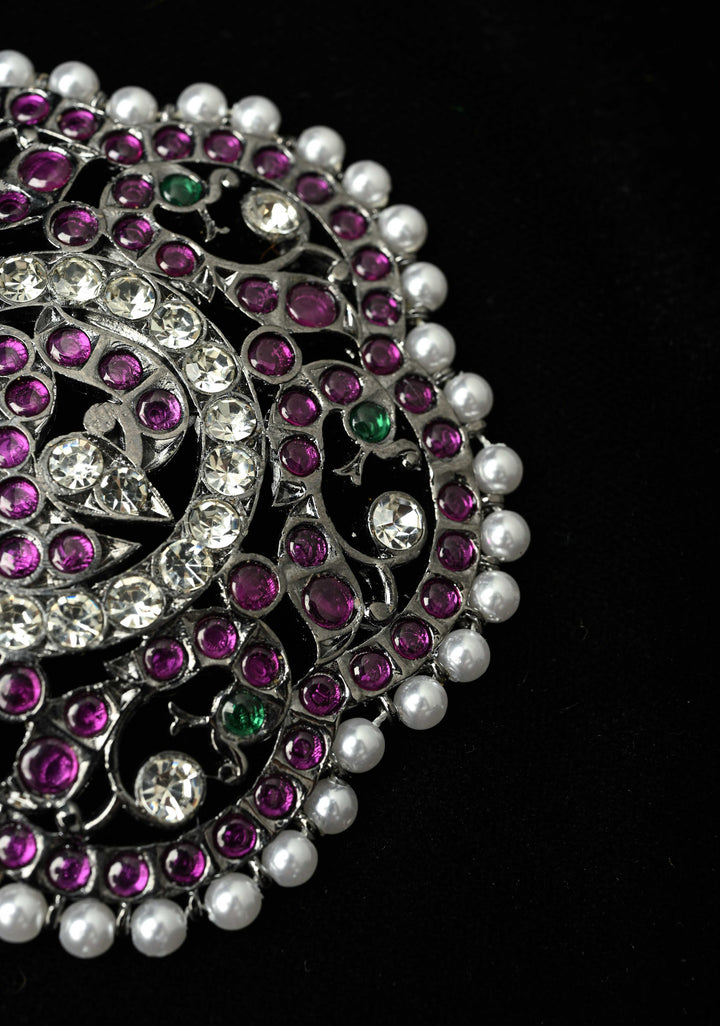 Black finish precious kemp-green peacock flower rakodi (hair jewel) | SHOBITAM