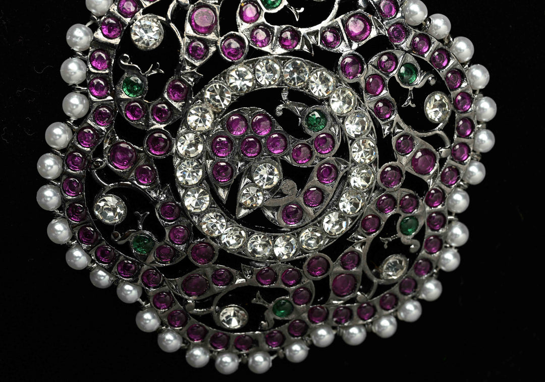 Black finish precious kemp-green peacock flower rakodi (hair jewel) | SHOBITAM