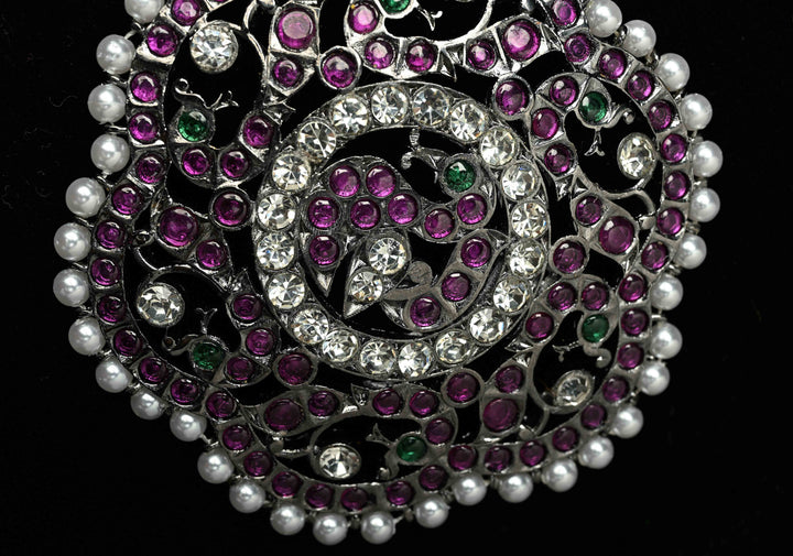 Black finish precious kemp-green peacock flower rakodi (hair jewel) | SHOBITAM