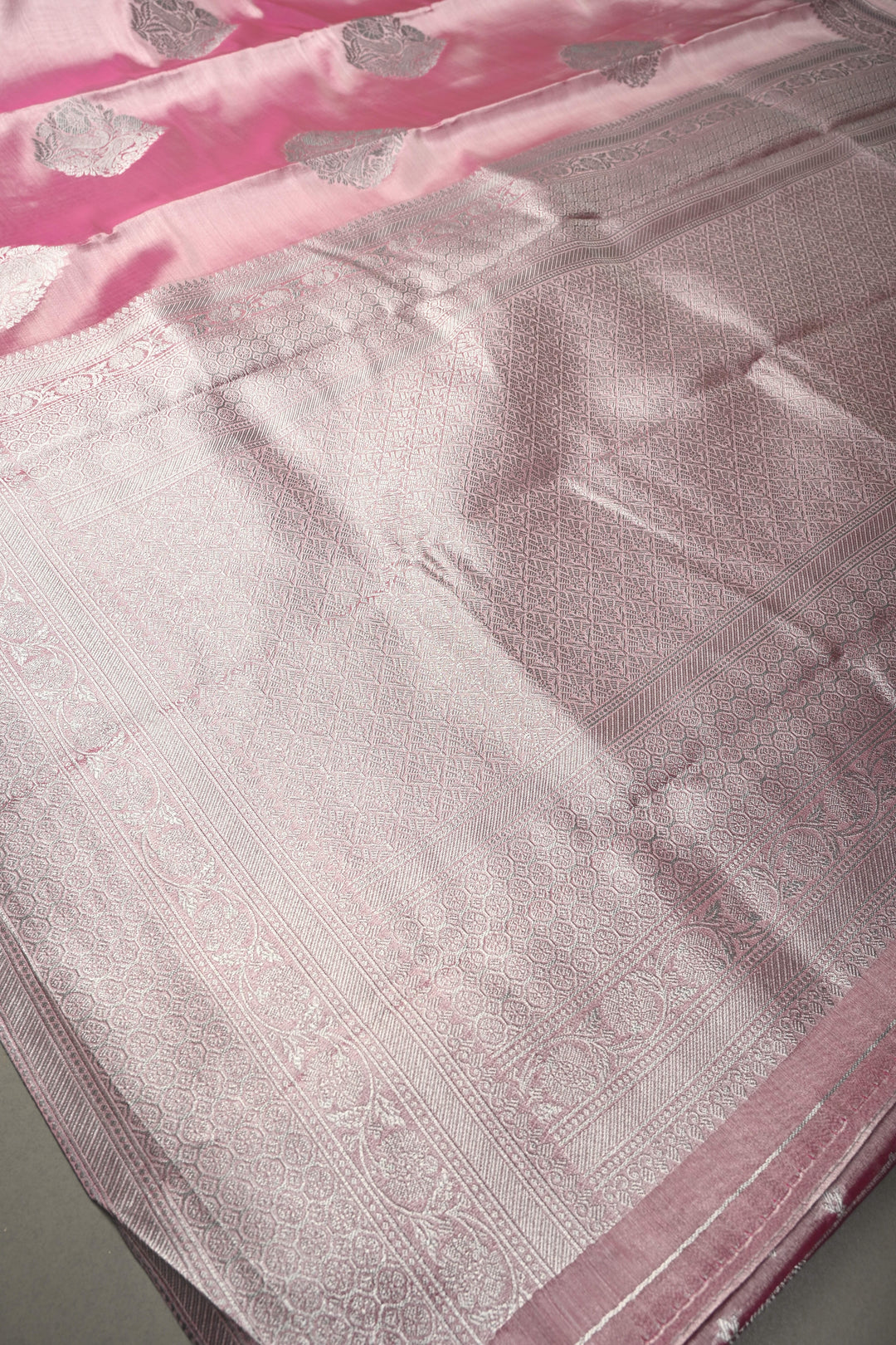 Rose Pink-Silver Kanchi Tissue Semi Silk Saree with Parrot Zari Buttas and Zari Border | SHOBITAM