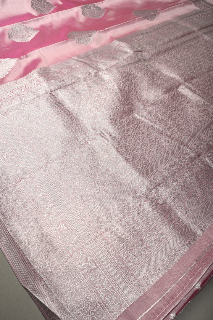 Rose Pink-Silver Kanchi Tissue Semi Silk Saree with Parrot Zari Buttas and Zari Border | SHOBITAM