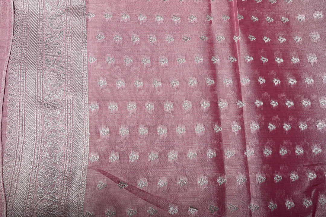 Rose Pink-Silver Kanchi Tissue Semi Silk Saree with Parrot Zari Buttas and Zari Border | SHOBITAM