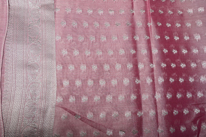 Rose Pink-Silver Kanchi Tissue Semi Silk Saree with Parrot Zari Buttas and Zari Border | SHOBITAM