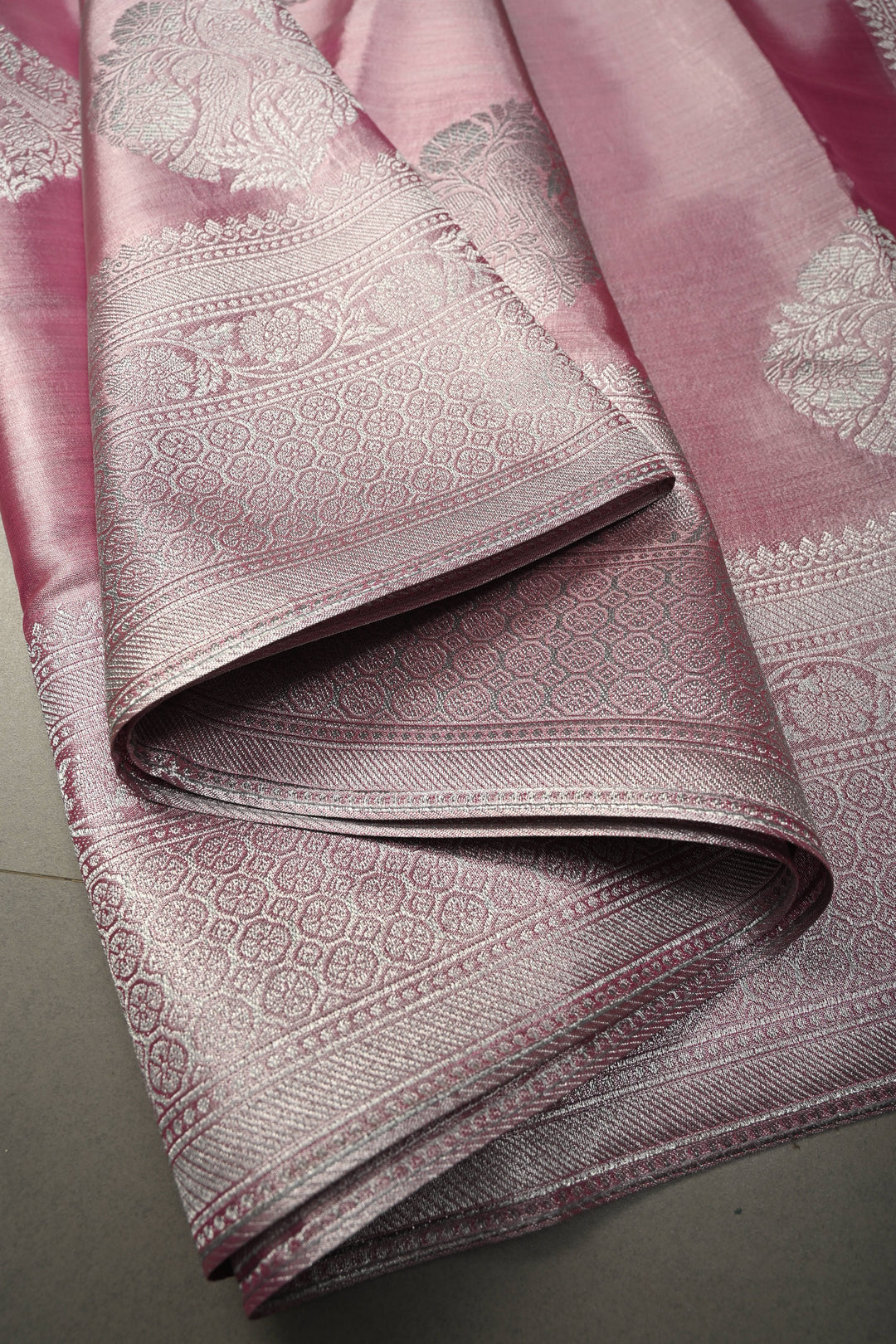 Rose Pink-Silver Kanchi Tissue Semi Silk Saree with Parrot Zari Buttas and Zari Border | SHOBITAM