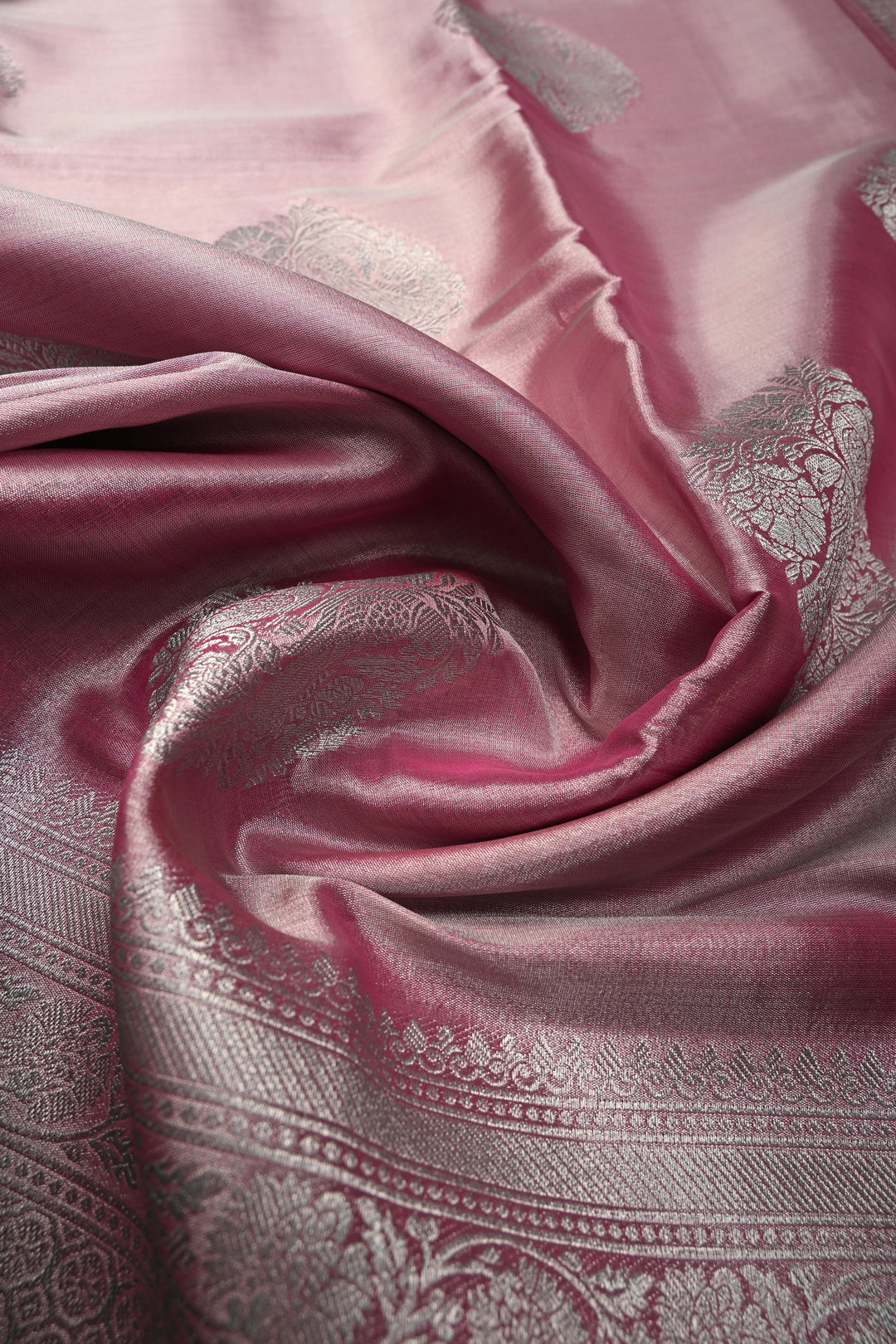 Rose Pink-Silver Kanchi Tissue Semi Silk Saree with Parrot Zari Buttas and Zari Border | SHOBITAM