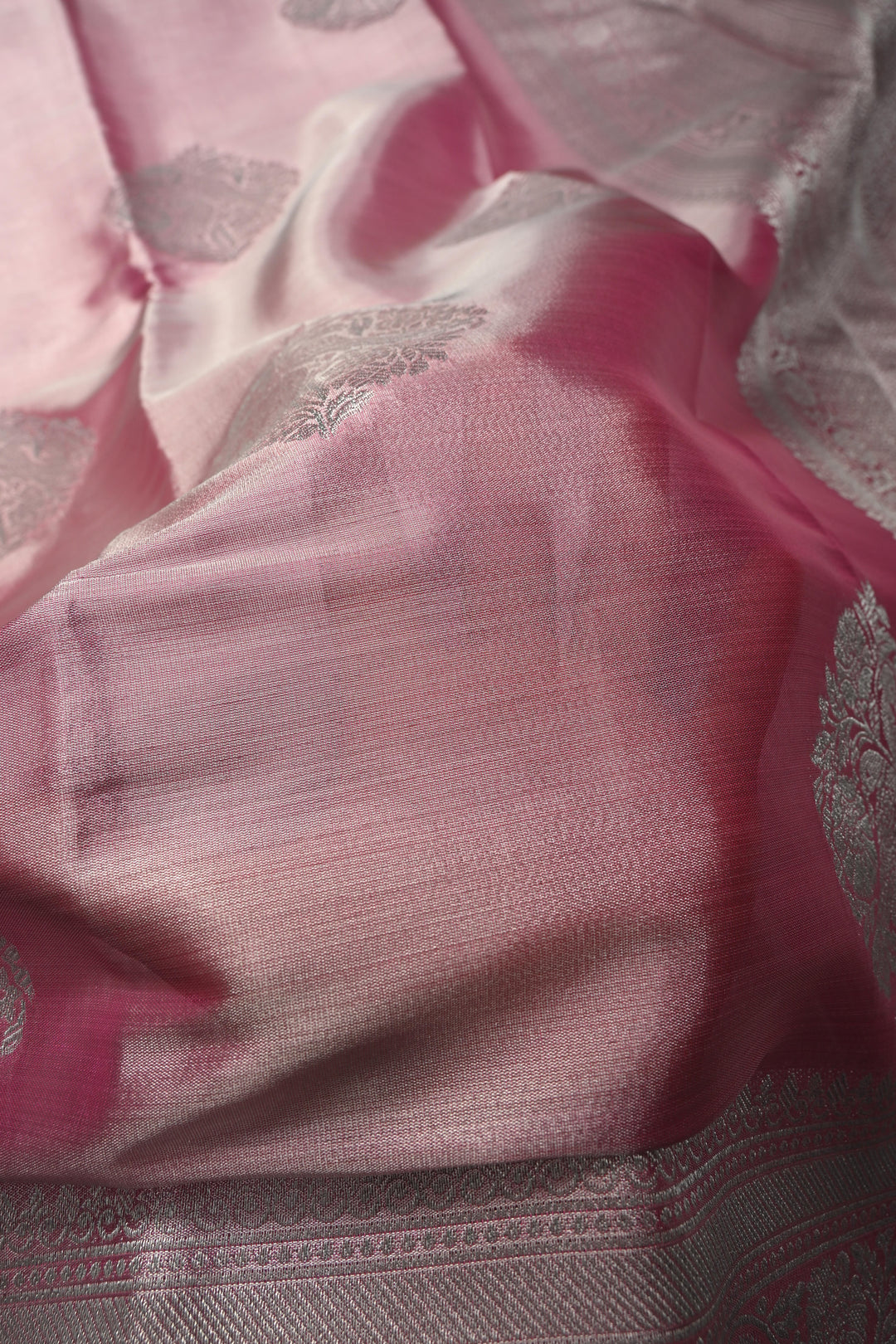 Rose Pink-Silver Kanchi Tissue Semi Silk Saree with Parrot Zari Buttas and Zari Border | SHOBITAM