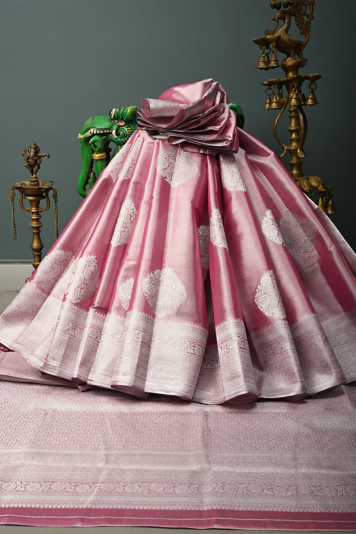 Rose Pink-Silver Kanchi Tissue Semi Silk Saree with Parrot Zari Buttas and Zari Border | SHOBITAM