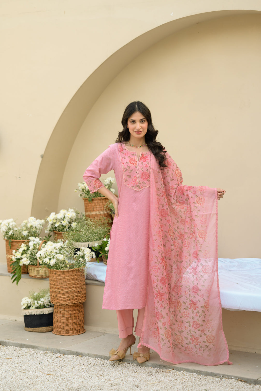 Baby Pink Dobby Cotton with Floral Chanderi Patch Print Kurta and Dupatta Suit Set- SET OF-3 | SHOBITAM