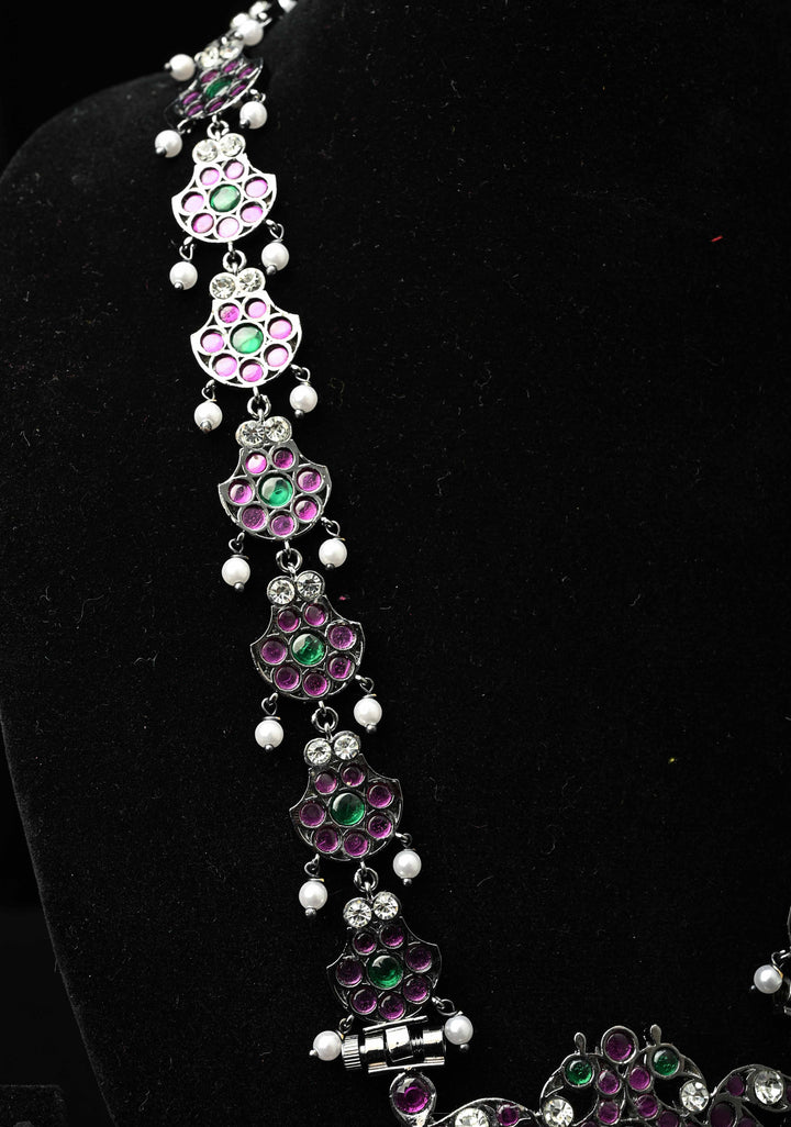 Black finish AD precious kemp pearl peacock haar| SHOBITAM