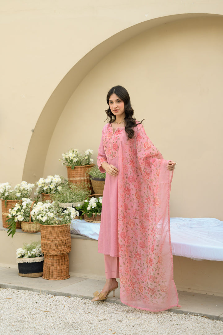 Baby Pink Dobby Cotton with Floral Chanderi Patch Print Kurta and Dupatta Suit Set- SET OF-3 | SHOBITAM