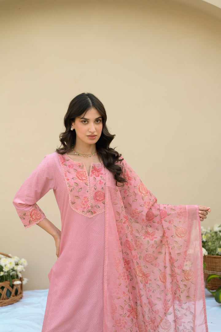 Baby Pink Dobby Cotton with Floral Chanderi Patch Print Kurta and Dupatta Suit Set- SET OF-3 | SHOBITAM