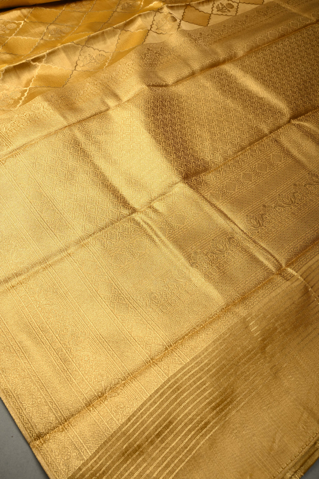 Gold Kanchi Tissue Semi Silk Saree with Geometric Brocade Jaal and Zari Border | SHOBITAM