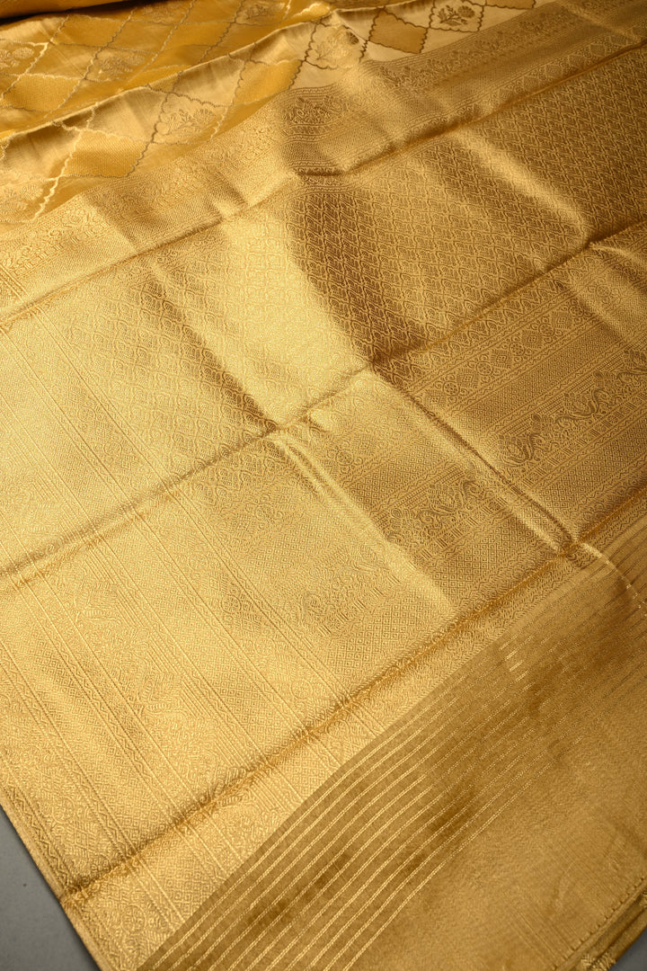 Gold Kanchi Tissue Semi Silk Saree with Geometric Brocade Jaal and Zari Border | SHOBITAM