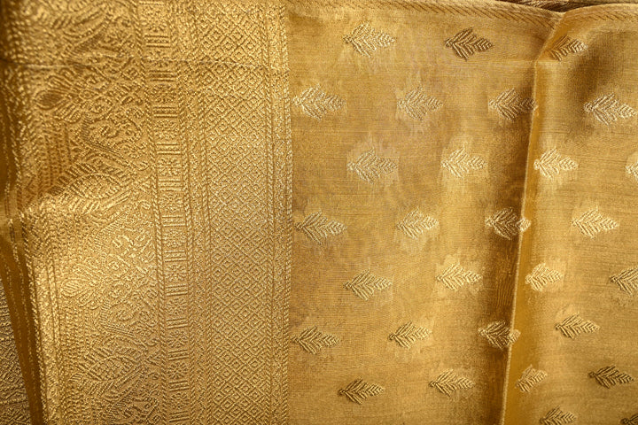 Gold Kanchi Tissue Semi Silk Saree with Geometric Brocade Jaal and Zari Border | SHOBITAM