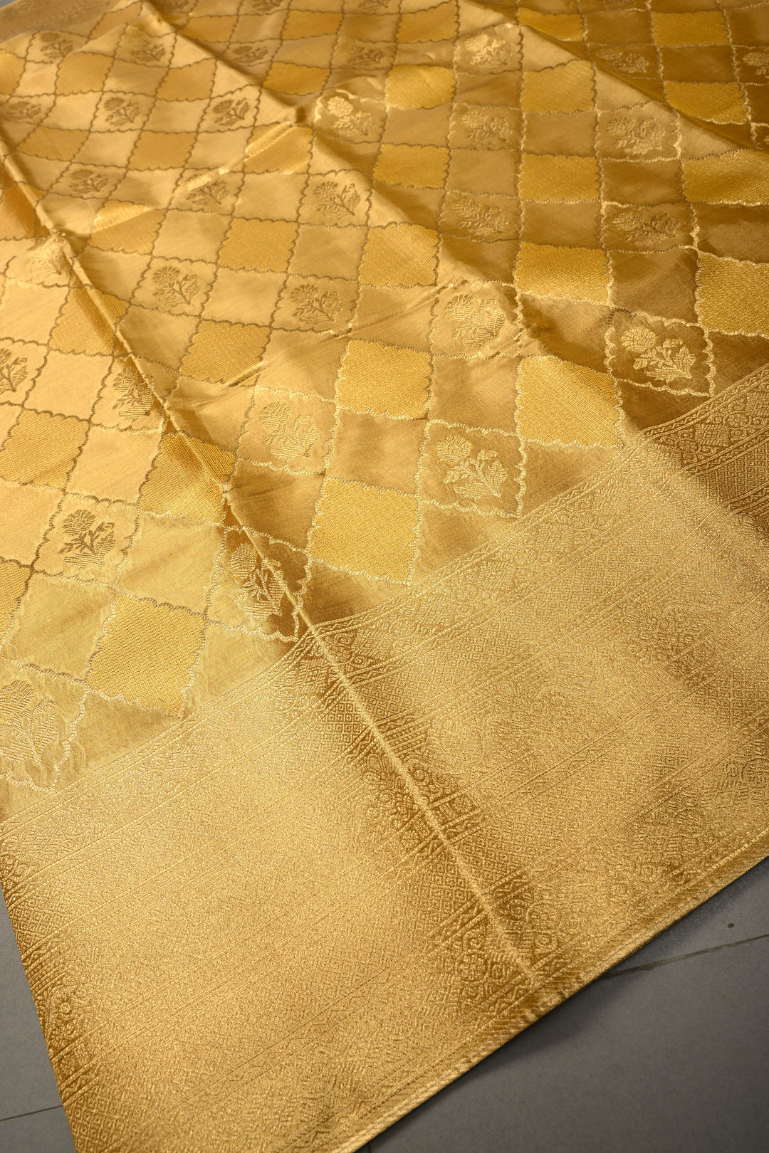 Gold Kanchi Tissue Semi Silk Saree with Geometric Brocade Jaal and Zari Border | SHOBITAM