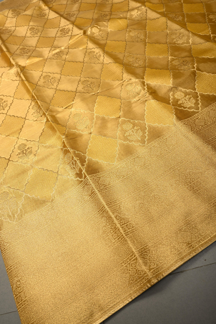 Gold Kanchi Tissue Semi Silk Saree with Geometric Brocade Jaal and Zari Border | SHOBITAM