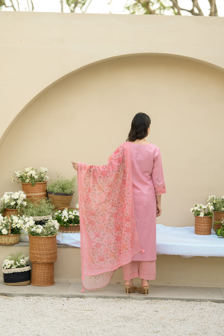 Baby Pink Dobby Cotton with Floral Chanderi Patch Print Kurta and Dupatta Suit Set- SET OF-3 | SHOBITAM