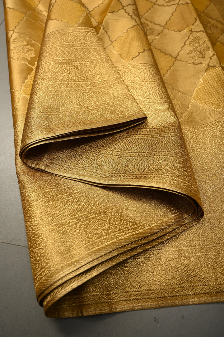 Gold Kanchi Tissue Semi Silk Saree with Geometric Brocade Jaal and Zari Border | SHOBITAM