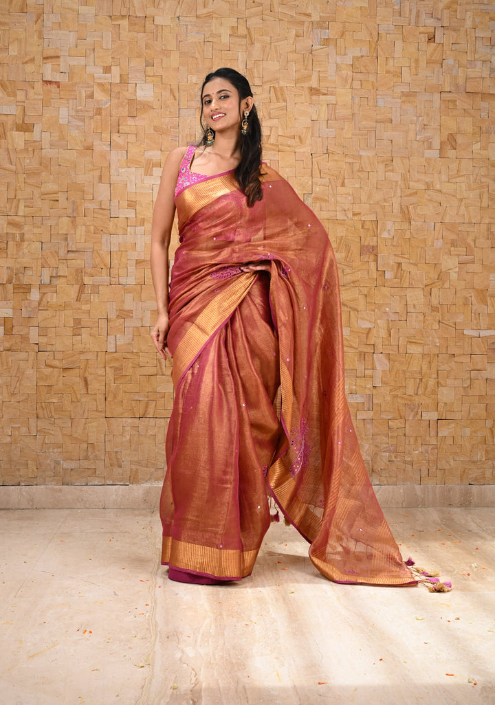 Tree Cutwork and Mirror Work Tissue Linen Saree in Magenta with pretty tassels