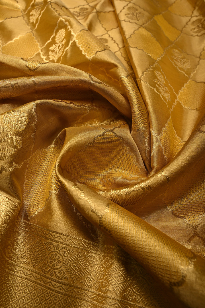Gold Kanchi Tissue Semi Silk Saree with Geometric Brocade Jaal and Zari Border | SHOBITAM