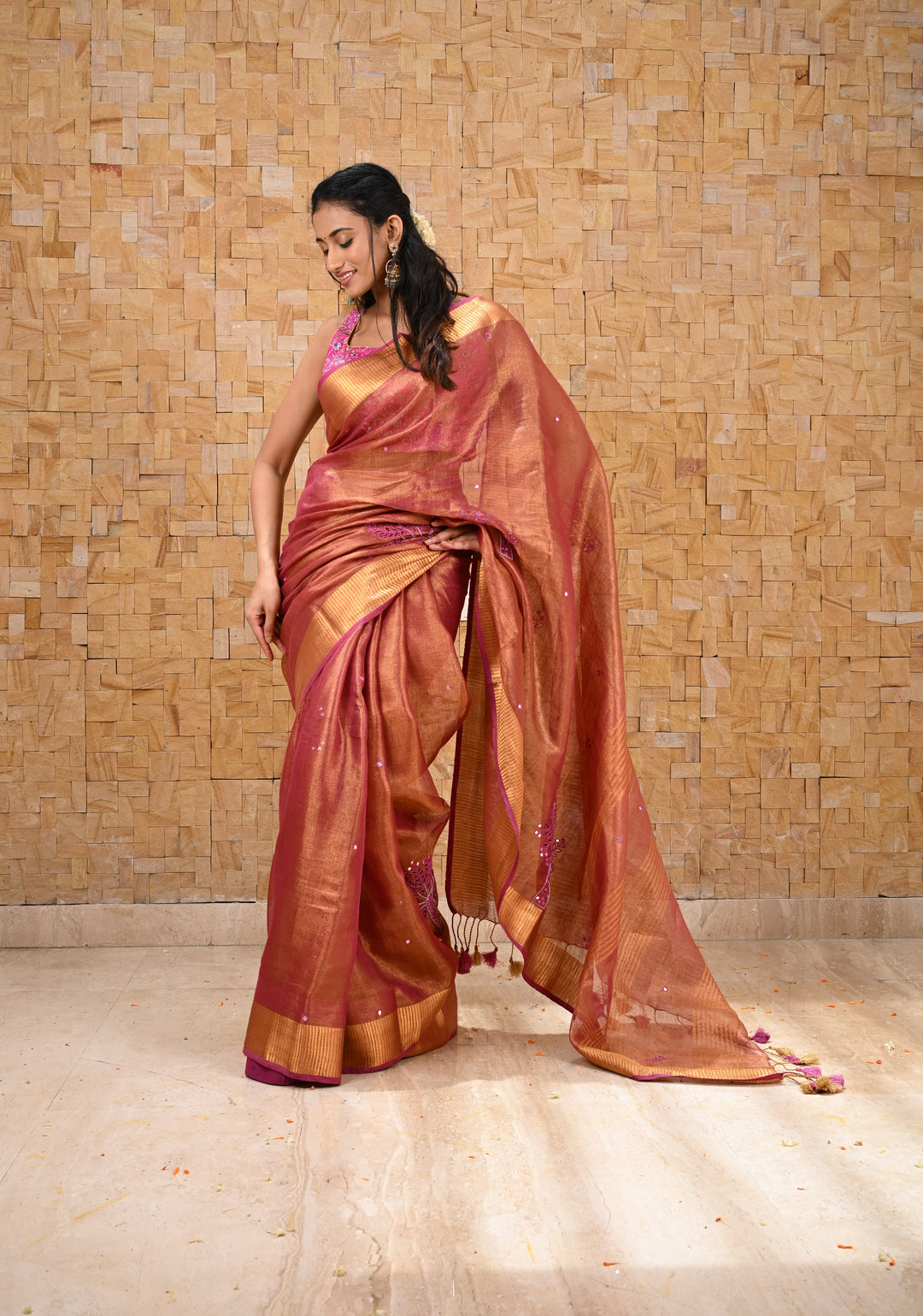 Tree Cutwork and Mirror Work Tissue Linen Saree in Magenta with pretty tassels