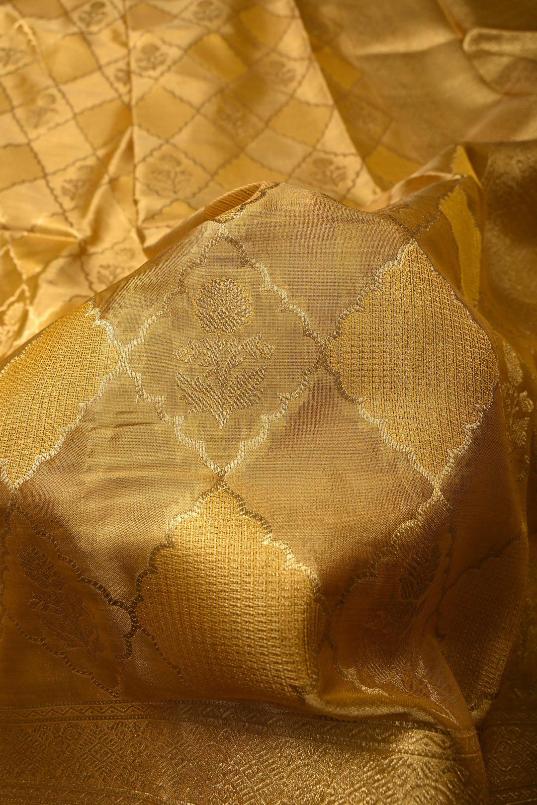 Gold Kanchi Tissue Semi Silk Saree with Geometric Brocade Jaal and Zari Border | SHOBITAM