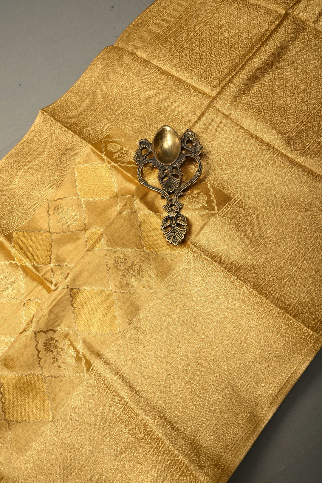 Gold Kanchi Tissue Semi Silk Saree with Geometric Brocade Jaal and Zari Border | SHOBITAM