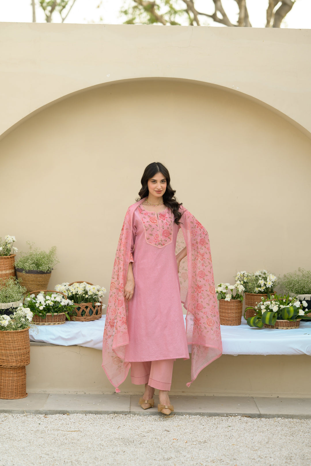 Baby Pink Dobby Cotton with Floral Chanderi Patch Print Kurta and Dupatta Suit Set- SET OF-3 | SHOBITAM