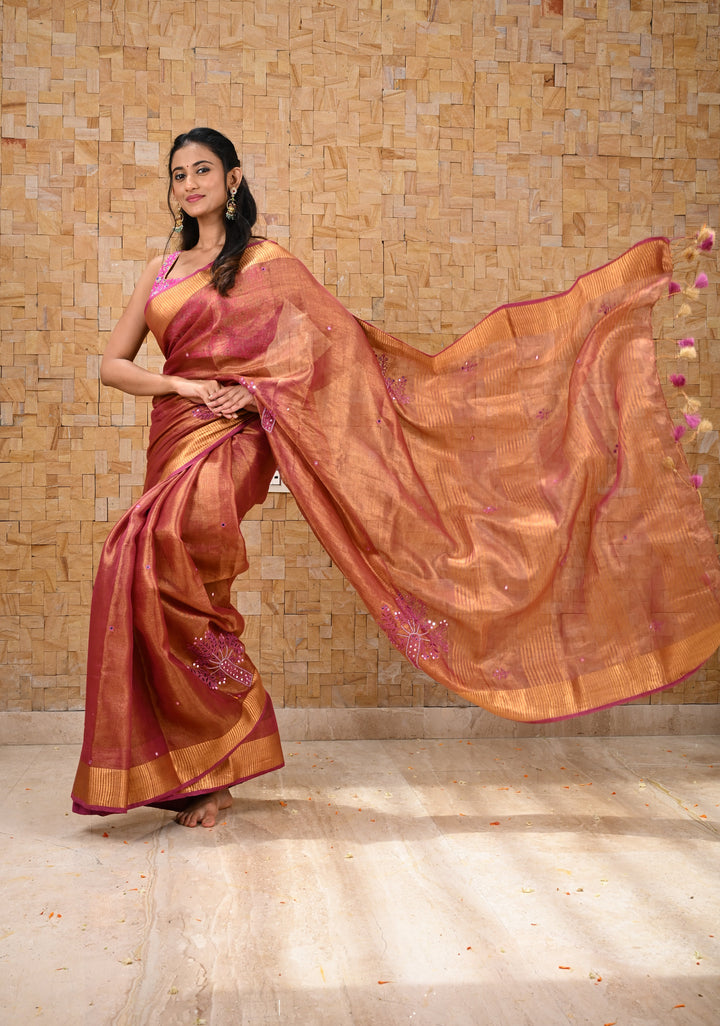 Tree Cutwork and Mirror Work Tissue Linen Saree in Magenta with pretty tassels