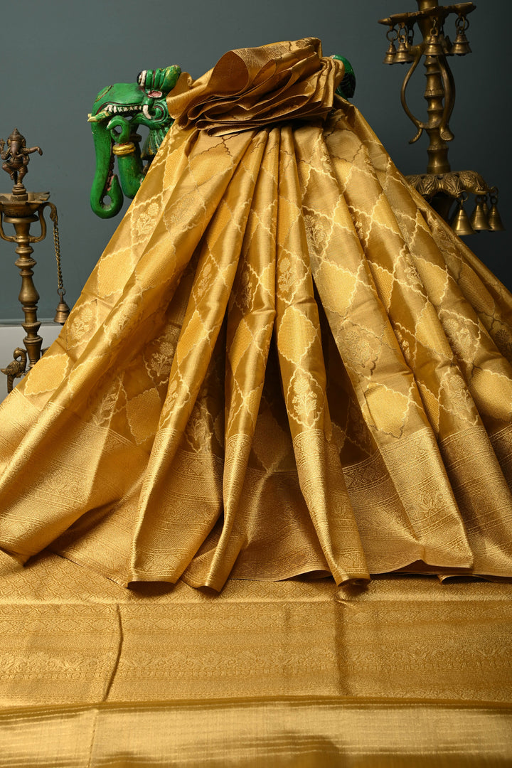 Gold Kanchi Tissue Semi Silk Saree with Geometric Brocade Jaal and Zari Border | SHOBITAM