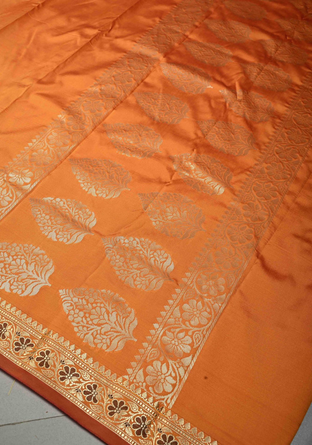 Mustard Yellow-Orange Dual Tone Semi Silk Saree with Minimal Meenakari Floral Zari Border | SHOBITAM