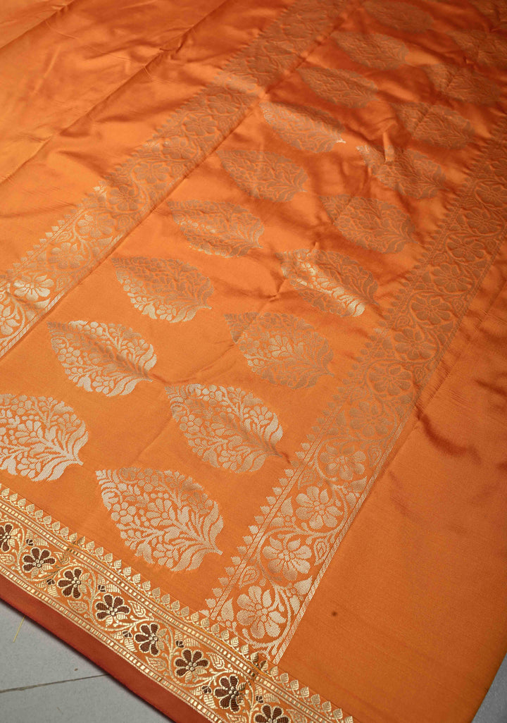 Mustard Yellow-Orange Dual Tone Semi Silk Saree with Minimal Meenakari Floral Zari Border | SHOBITAM
