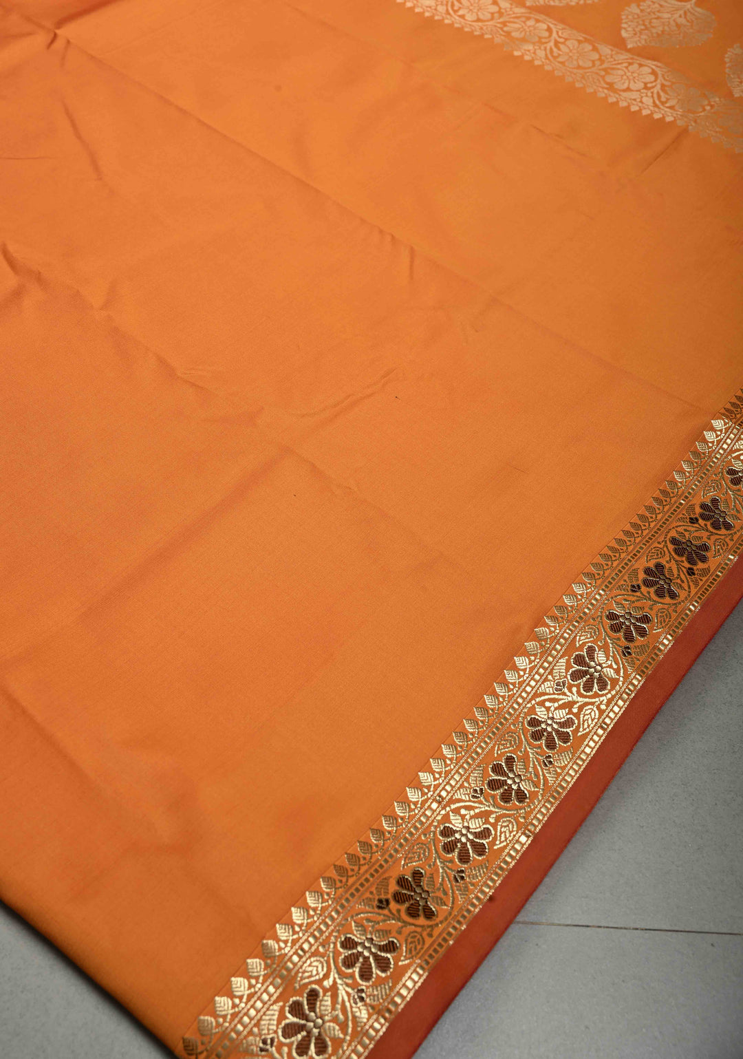 Mustard Yellow-Orange Dual Tone Semi Silk Saree with Minimal Meenakari Floral Zari Border | SHOBITAM