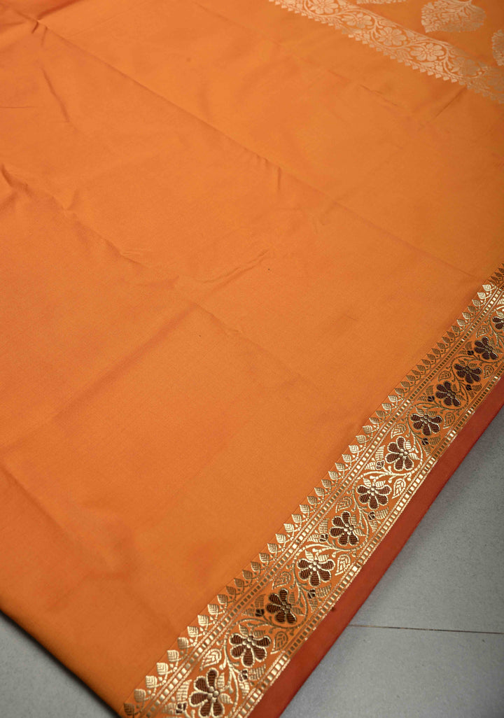 Mustard Yellow-Orange Dual Tone Semi Silk Saree with Minimal Meenakari Floral Zari Border | SHOBITAM