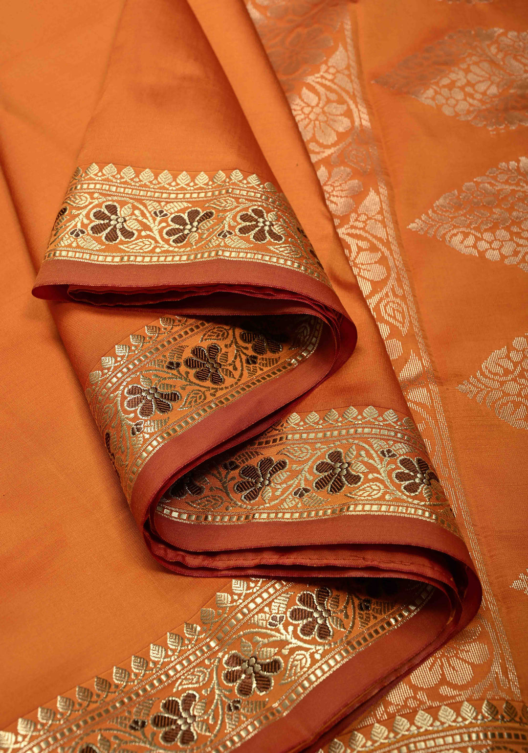 Mustard Yellow-Orange Dual Tone Semi Silk Saree with Minimal Meenakari Floral Zari Border | SHOBITAM